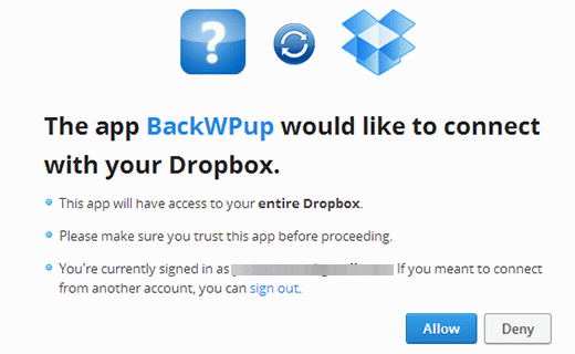 Cung cấp quyền truy cập BackWPup vào tài khoản Dropbox của bạn