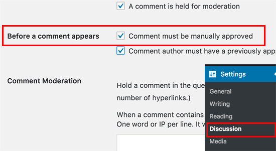 Enable comment moderation in WordPress