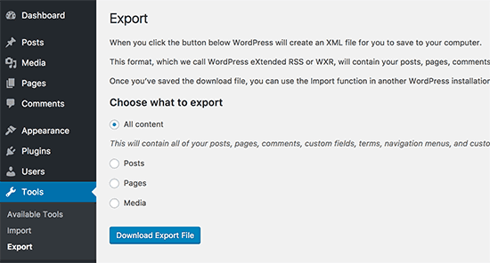 Tải xuống tệp xuất WordPress
