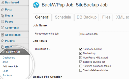 Tạo một công việc sao lưu mới trong BackWPup