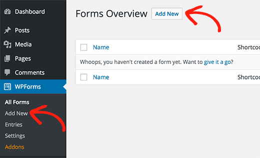 Adding a new contact form in WordPress using WPForms