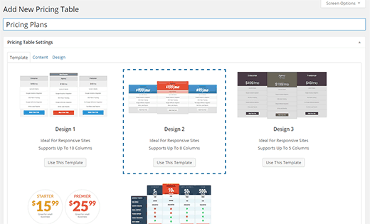 Select a template for your pricing table