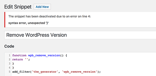 Error handling in your custom code snippet