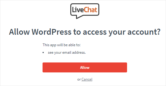 Cho phép WordPress truy cập tài khoản LiveChat
