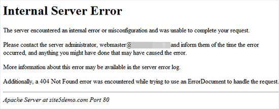 Example of a WordPress website showing internal server error