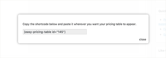 Copy the pricing table shortcode