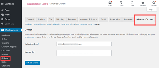 Activate the advanced coupons plugin by entering the license key