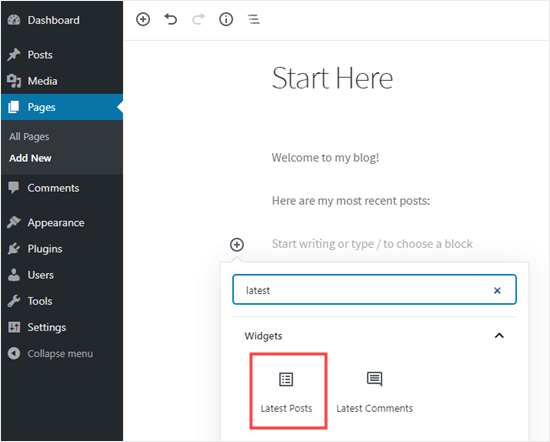 Adding the Latest Posts block to a page
