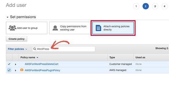 Attach policies to the user account