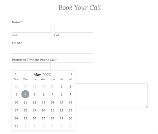 The finished date picker form live on the website