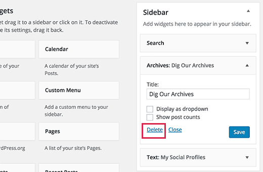 Removing a widget by deleting it from your WordPress sidebar