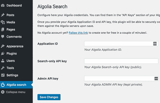 Trang cài đặt plugin Algolia
