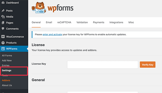 Khóa cấp phép WPForms