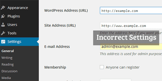 Cài đặt URL WordPress không chính xác