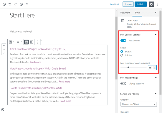 Configuring how the post excerpt should display