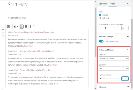 Sorting and filtering the list of latest posts