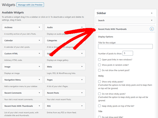 The Recent Posts With Thumbnails widget in the sidebar