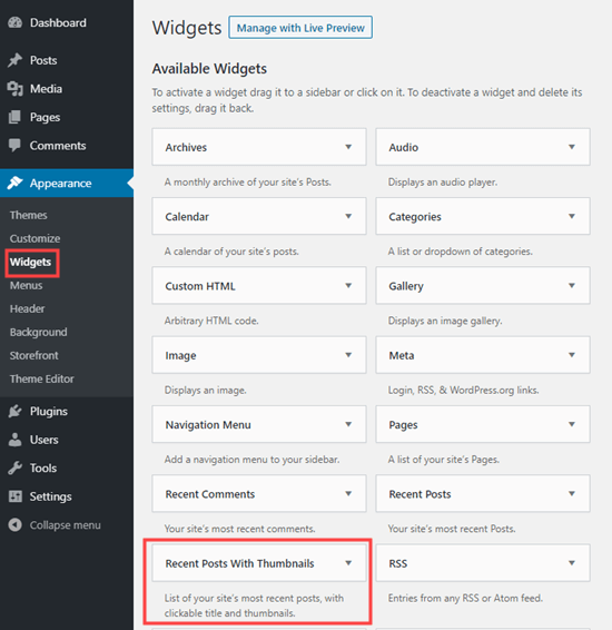 The Recent Posts With Thumbnails widget in the list of available widgets