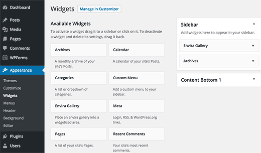 Widgets screen on a WordPress site