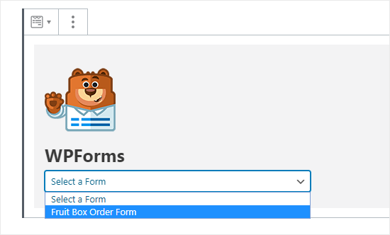 Selecting the form you want from the WPForms dropdown