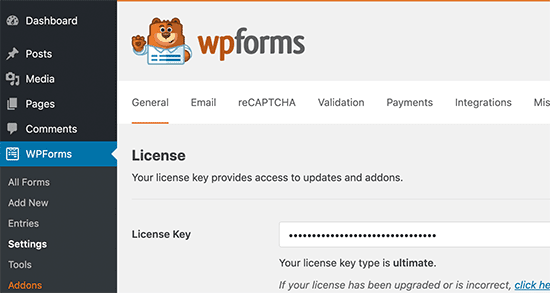 Thêm khóa cấp phép WPForms