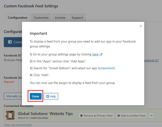 Nhấp vào nút Xong trên cửa sổ bật lên để tiếp tục thiết lập nguồn cấp dữ liệu nhóm Facebook của bạn