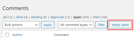 Dọn sạch thư rác để xóa vĩnh viễn tất cả các bình luận spam