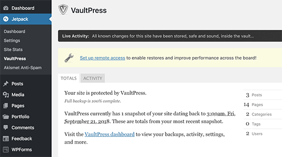 Bảng điều khiển VaultPress