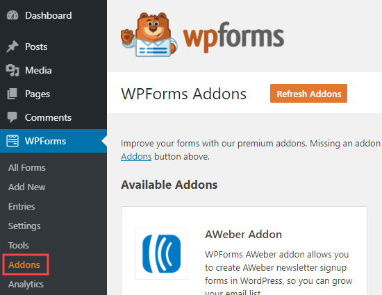 Trang addons WPForms trong quản trị viên WordPress của bạn